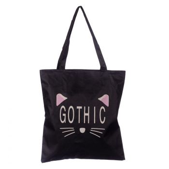 Geanta shopper neagra din material textil, cu imprimeu grafic pisica Gothic