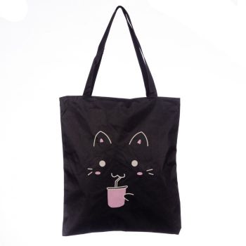 Geanta shopper neagra din material textil, cu imprimeu grafic pisicuta cu roz