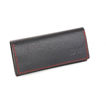 Portofel dama din piele naturala, lucrat si cusut manual, Eva, Handmade, Negru print ( cusatura rosie ), Produs in Romania
