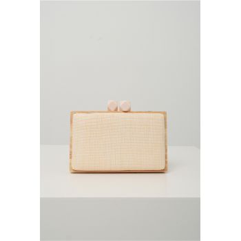 Clutch dreptunghiular din lemn cu textura impletia bej