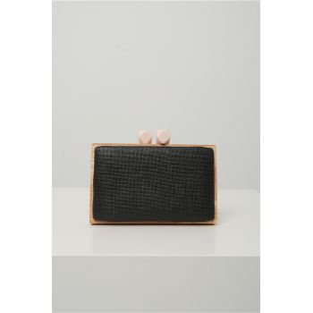Clutch dreptunghiular din lemn cu textura impletia negru
