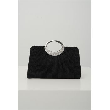 Clutch elegant din glitter negru cu maner rotund metalic