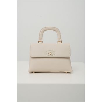 Geanta office mica din piele ecologica ivory cu maner rotund