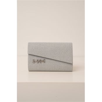 Clutch argintiu cu glitter si accesoriu fundita