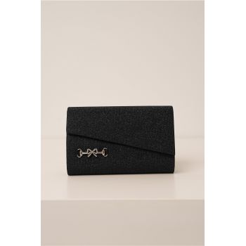 Clutch bleumarin cu glitter si accesoriu fundita