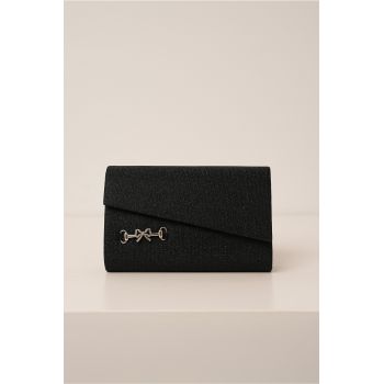 Clutch negru cu glitter si accesoriu fundita