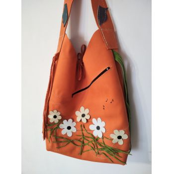 Geanta sac ,din piele naturala portocalie intoarsa ,cu margarete ,unicat