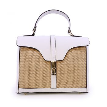 Poșetă satchel femei Enzo Bertini albă din piele naturală și rafie 154POSP3545A