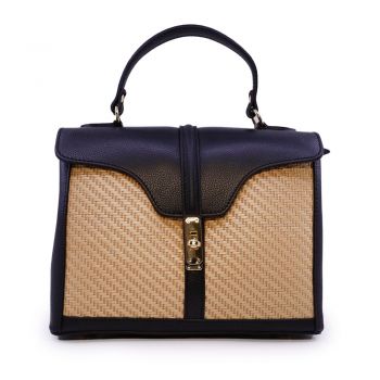 Poșetă satchel femei Enzo Bertini neagră din piele naturală și rafie 154POSP3545N