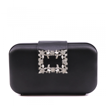 Poșetă tip clutch femei Benvenuti neagră din satin cu accesoriu tip bijuterie  290pls53310n