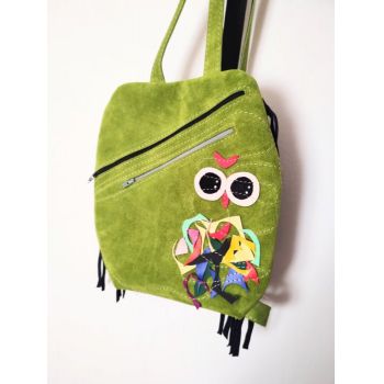 Rucsac olive din piele naturala cu bufnita , unicat