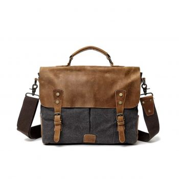 Servieta unisex, Torian GT3207, piele naturala si textil, Gri inchis