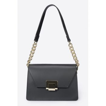 Geanta din piele cu bareta de umar din lant - Negru