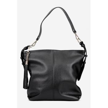 Geanta dama neagra din piele texturata cu accesoriu ciucure
