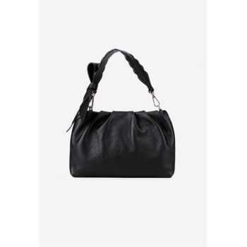 Poseta neagra din piele texturata cu ornament funda