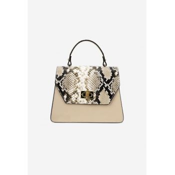 Poseta dama bej din piele naturala cu imprimeu snake print