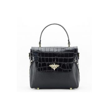 Geanta din piele naturala neagra cu brosa 1505 122 12158
