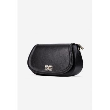 Geanta dama neagra din piele texturata cu ornament auriu