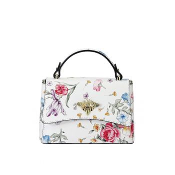 Geanta mica alba cu imprimeu floral din piele naturala 1523 120 16906