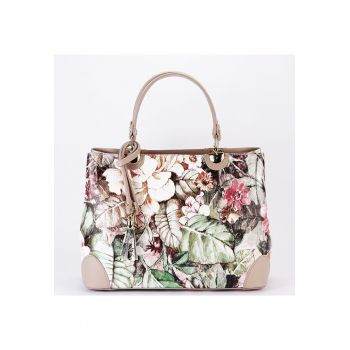 Geanta taupe cu imprimeu floral din piele naturala 1330 M9 16914