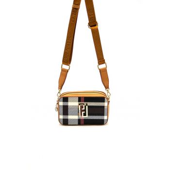 Geanta crossbody cu imprimeu si logo metalic