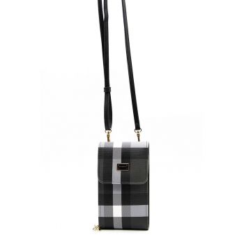 Geanta crossbody in carouri - pentru telefon - Alb - Negru