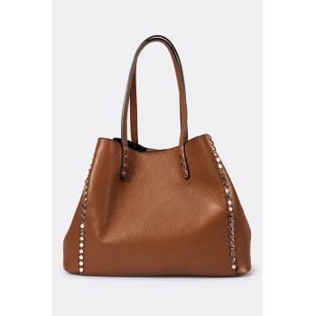 Geanta shopper din piele cu aplicatii cu nituri - Caramel