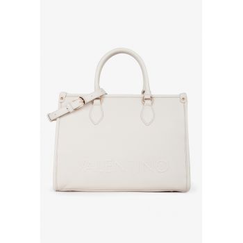Geanta shopper din piele ecologica cu logo in relief - Alb