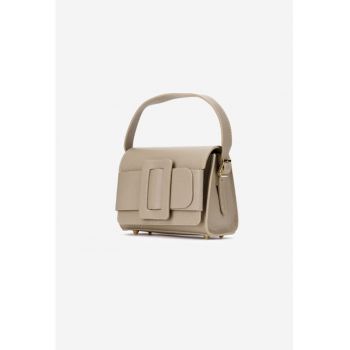Geanta dama din piele texturata taupe cu ornament