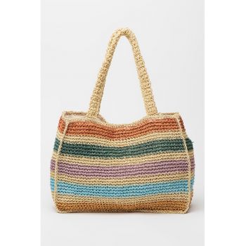 Geanta shopper cu model in dungi si aspect crosetat