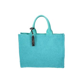 Geanta shopper de piele si material textil - Turcoaz