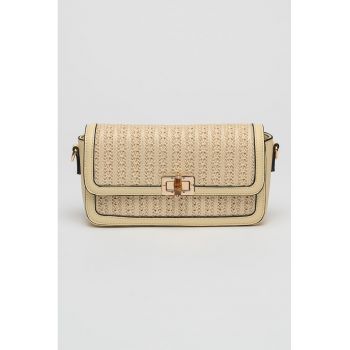 Geanta crossbody din material textil cu clapa si insertii de piele ecologica