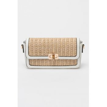 Geanta crossbody din material textil cu clapa si insertii de piele ecologica
