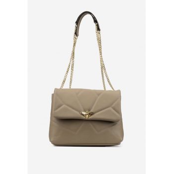 Geanta dama din piele taupe cu ornament auriu