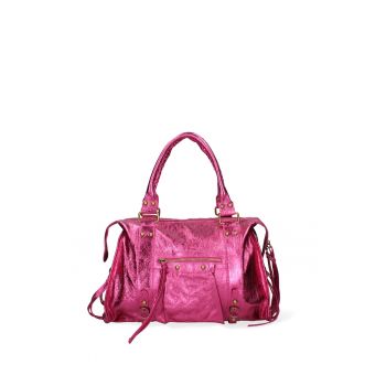 Geanta din piele cu bareta de umar si nituri - Fucsia