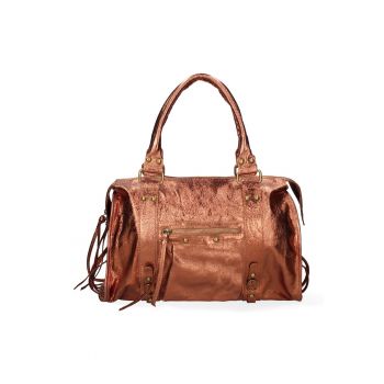 Geanta din piele cu bareta de umar si nituri - Maro