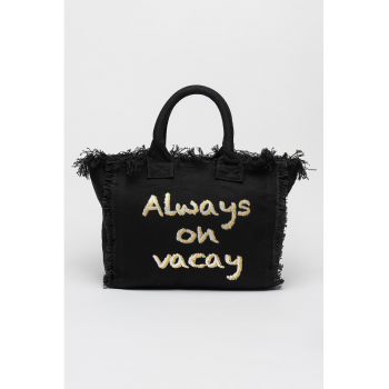 Geanta shopper cu imprimeu text - Negru - Crem