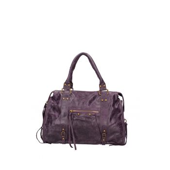 Geanta de piele cu maner si buzunar exterioar - Albastru Violet