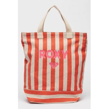 Geanta tote de plaja cu model in dungi si imprimeu logo Fairy Beach