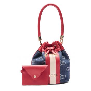 Geanta crossbody de piele ecologica si material textil cu logo