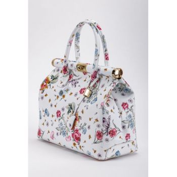Geanta dama alba cu imprimeu floral din piele cu detaliu lacat