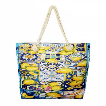 Geanta de plaja din material textil, cu imprimeu mediteranean cu lamai pe alb, galben si albastru