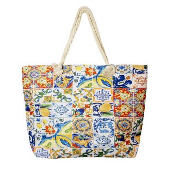 Geanta de plaja din material textil, cu imprimeu model marocan cu lamai in culori vibrante