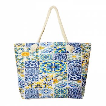 Geanta de plaja din material textil, cu imprimeu model marocan in culori vibrante predominant albastru