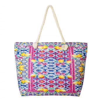 Geanta de plaja din material textil, cu model mediteranean cu lamai pe alb si fucsia