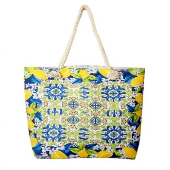 Geanta de plaja din material textil, cu model mediteranean cu lamai pe alb, verde si albastru