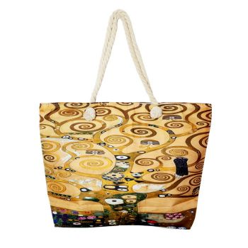 Geanta de plaja din material textil, cu reproducere dupa    Pomul Vietii    - Gustav Klimt