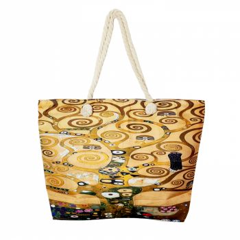 Geanta de plaja din material textil, cu reproducere dupa    Pomul Vietii    - Gustav Klimt