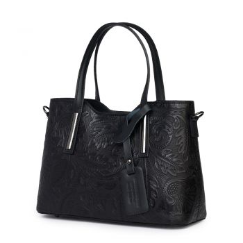 Geanta din piele naturala cu model floral Samantha neagra