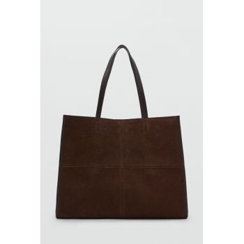 Geanta shopper de piele intoarsa cu cusaturi decorative